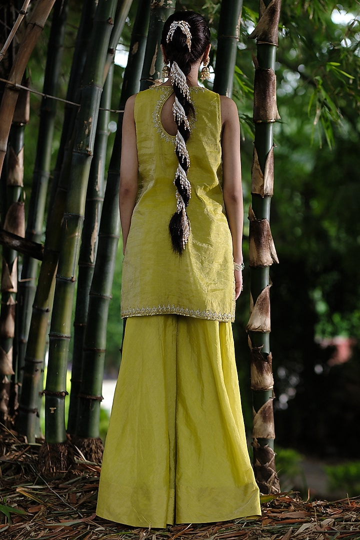 Yellow Silk Tissue Gharara Set by SHALKII at Pernia's Pop Up Shop