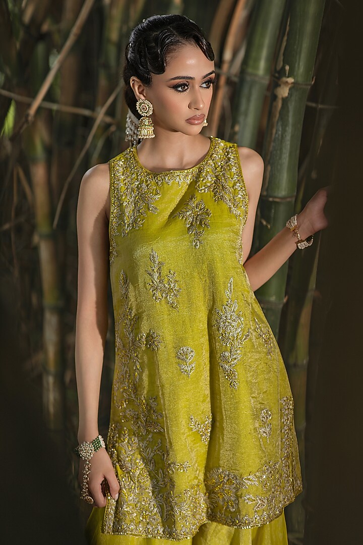 Yellow Silk Tissue Gharara Set by SHALKII at Pernia's Pop Up Shop
