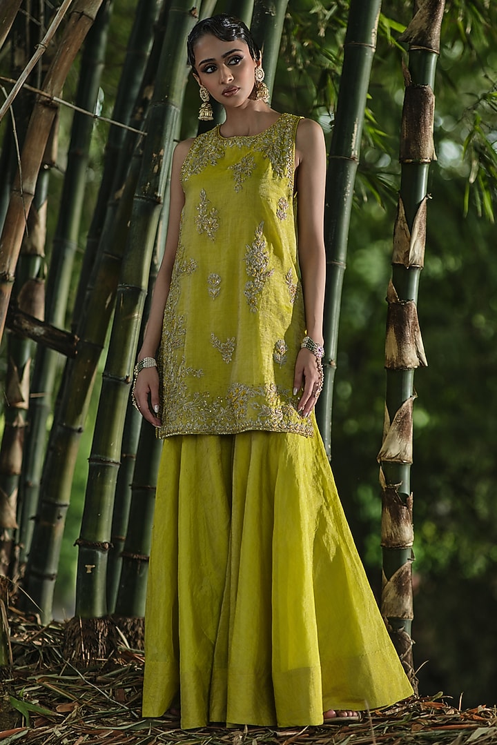 Yellow Silk Tissue Gharara Set by SHALKII at Pernia's Pop Up Shop