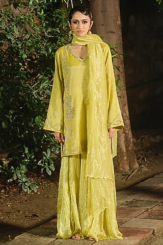 Yellow Crushed Silk Sharara Set by SHALKII