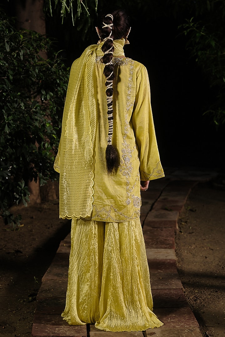 Yellow Crushed Silk Wedding Sharara Set by SHALKII at Pernia's Pop Up Shop