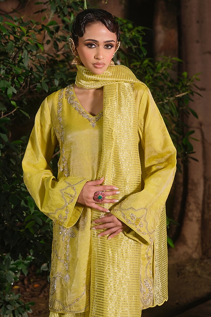 Yellow Crushed Silk Wedding Sharara Set by SHALKII at Pernia's Pop Up Shop