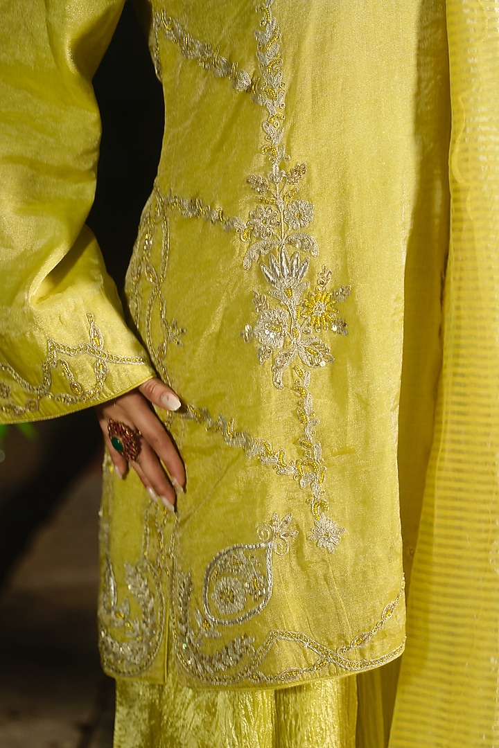 Yellow Crushed Silk Wedding Sharara Set by SHALKII at Pernia's Pop Up Shop