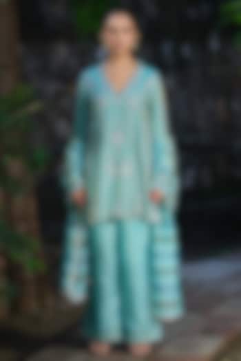 Aqua Blue Silk Tissue Hand & Machine Embroidered Kurta Set by SHALKII at Pernia's Pop Up Shop