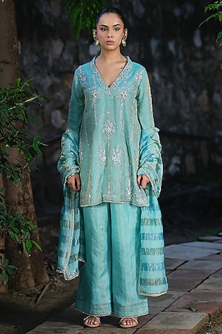 Aqua Blue Silk Tissue Hand & Machine Embroidered Kurta Set by SHALKII