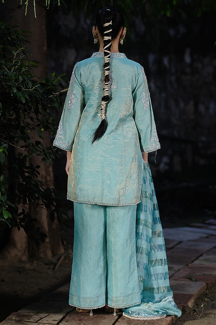 Aqua Blue Silk Tissue Hand & Machine Embroidered Kurta Set by SHALKII at Pernia's Pop Up Shop