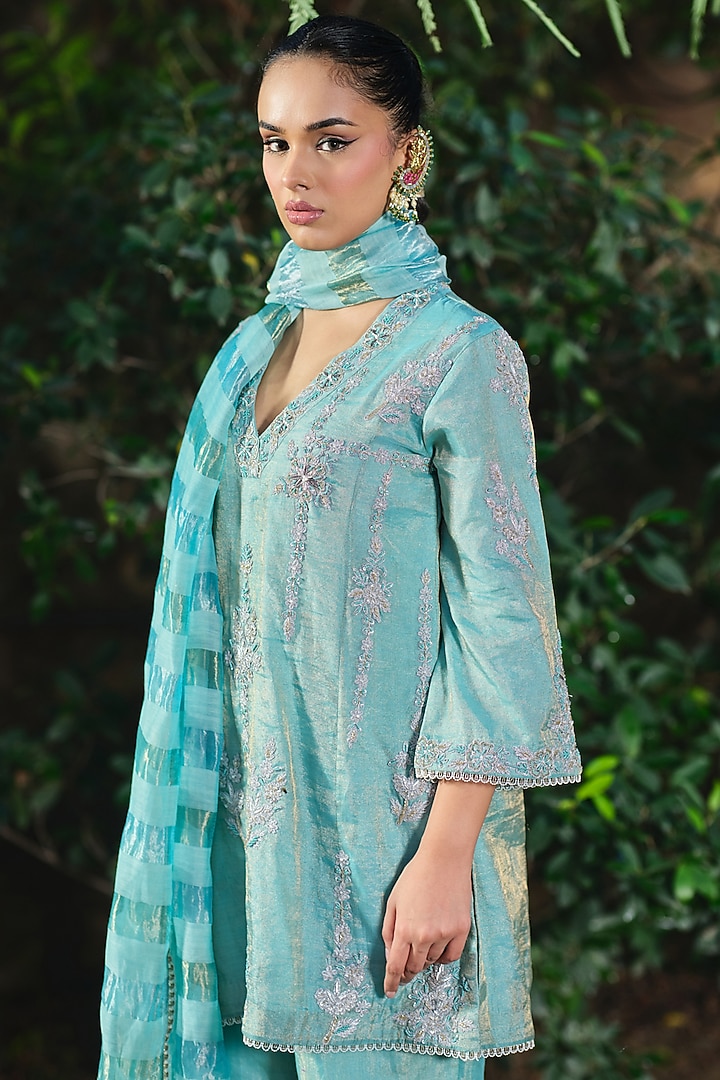 Aqua Blue Silk Tissue Hand & Machine Embroidered Kurta Set by SHALKII at Pernia's Pop Up Shop