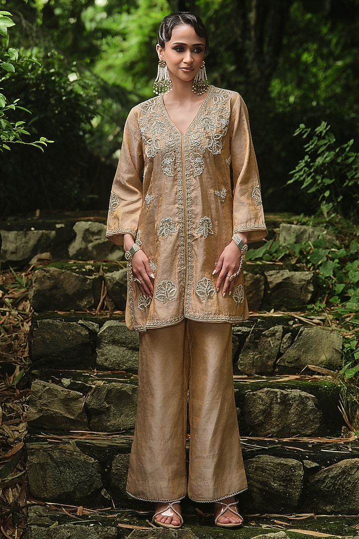 Gold Silk Tissue Hand & Machine Embroidered Kurta Set by SHALKII at Pernia's Pop Up Shop