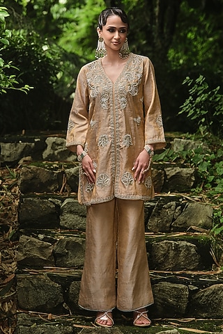 Gold Silk Tissue Hand & Machine Embroidered Kurta Set by SHALKII