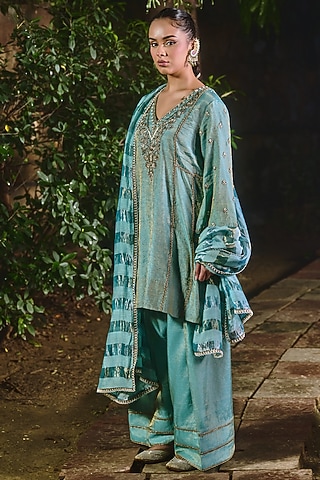 Light Blue Silk Tissue Hand & Machine Embroidered Kurta Set by SHALKII
