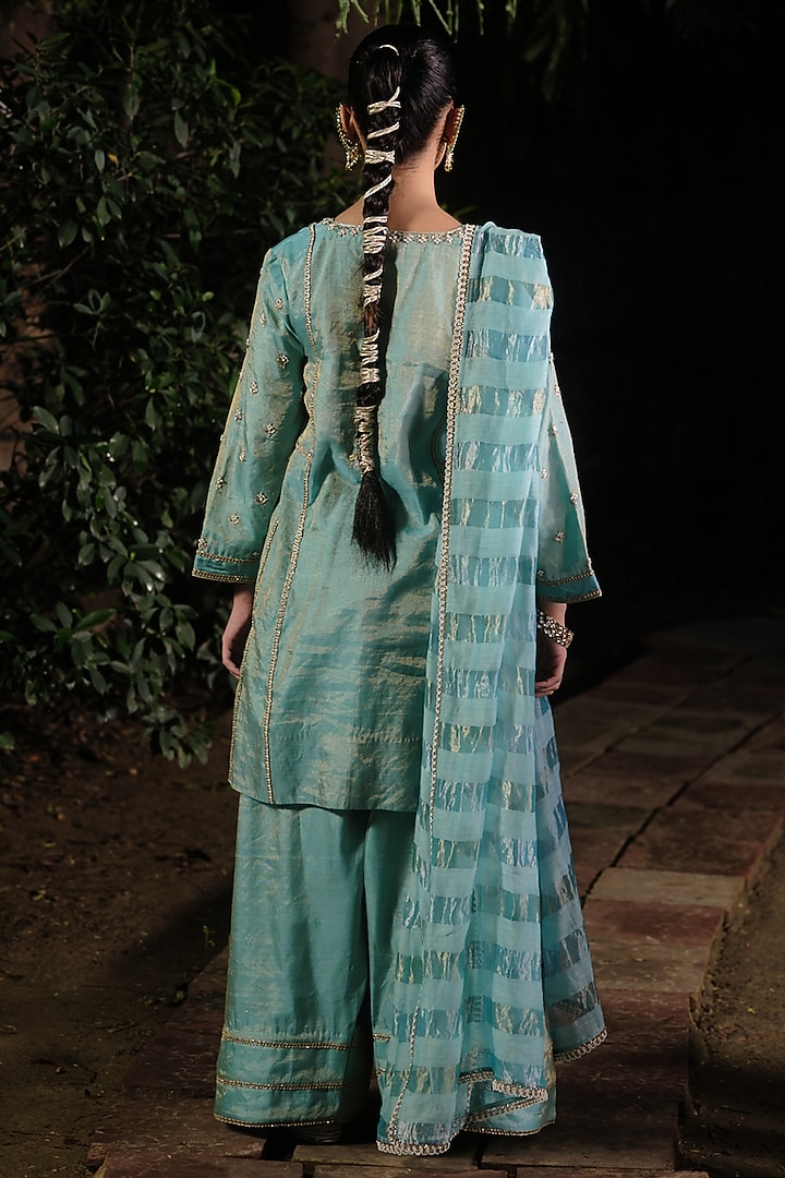 Light Blue Silk Tissue Hand & Machine Embroidered Kurta Set by SHALKII at Pernia's Pop Up Shop