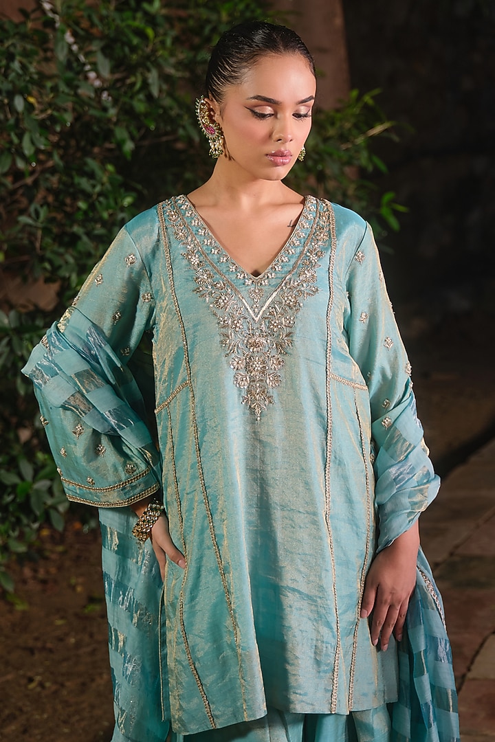 Light Blue Silk Tissue Hand & Machine Embroidered Kurta Set by SHALKII at Pernia's Pop Up Shop