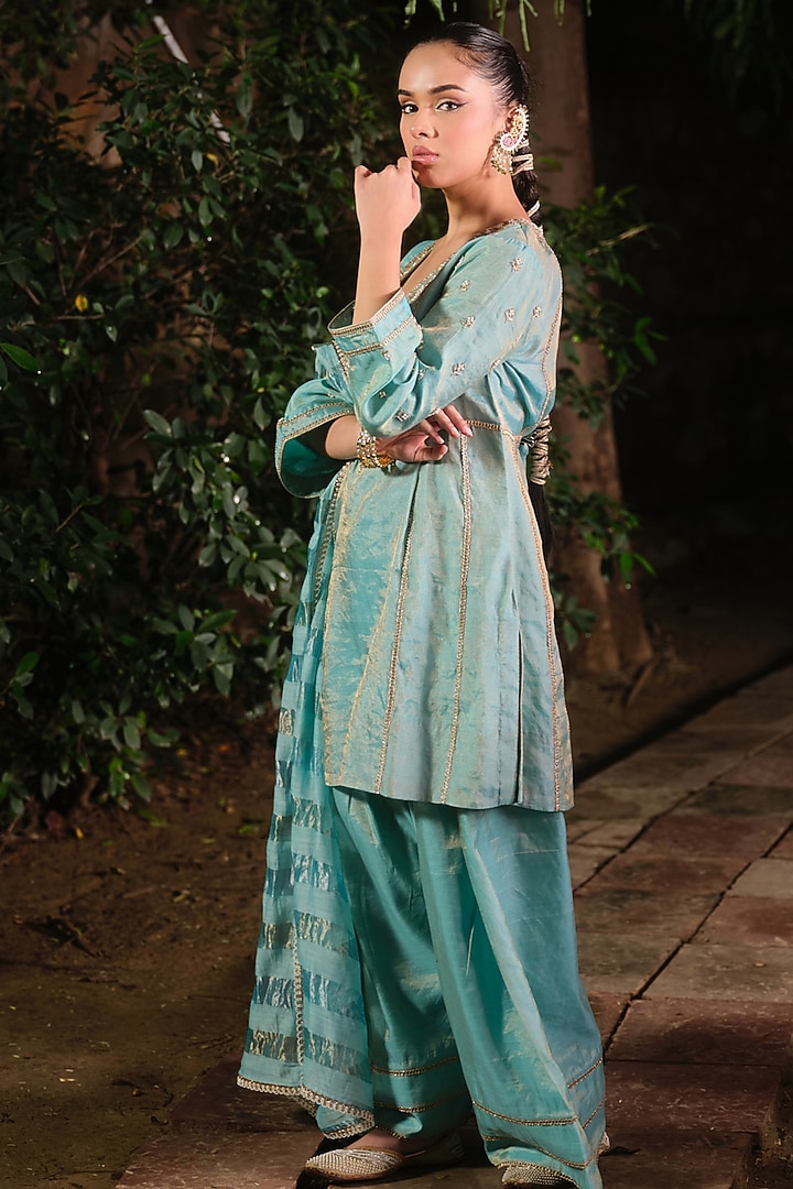Light Blue Silk Tissue Hand & Machine Embroidered Kurta Set by SHALKII at Pernia's Pop Up Shop