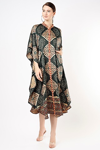 Bottle Green Printed Kaftan by Shanaya Bajaj