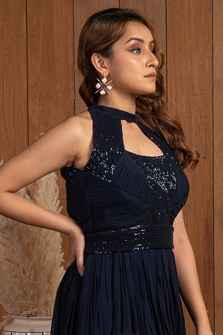 Navy Blue Embroidered Gown With Stole by Shanaya Bajaj at Pernia's Pop Up Shop