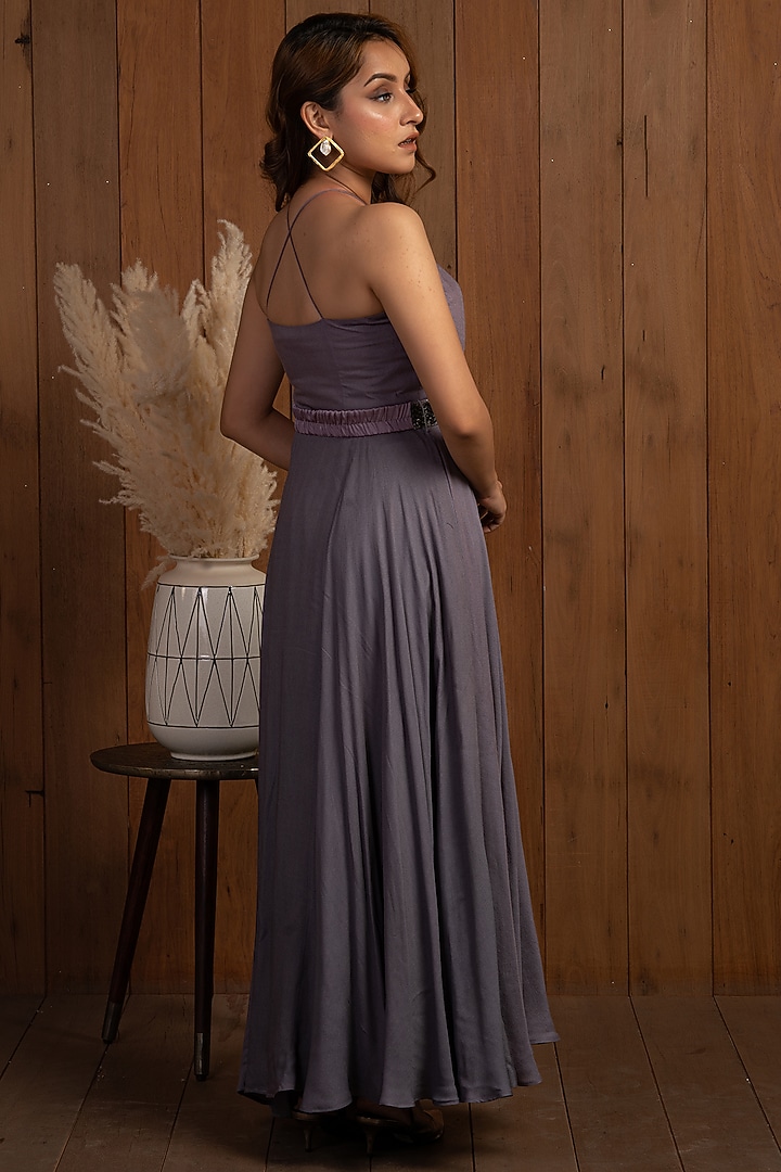 Grey Moss Crepe Gown With Belt by Shanaya Bajaj at Pernia's Pop Up Shop