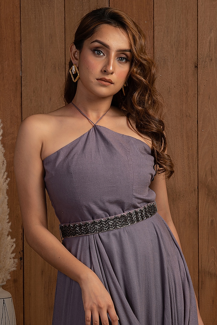 Grey Moss Crepe Gown With Belt by Shanaya Bajaj at Pernia's Pop Up Shop