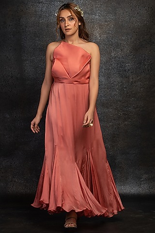 Peach Satin Georgette Gown by Shanaya Bajaj