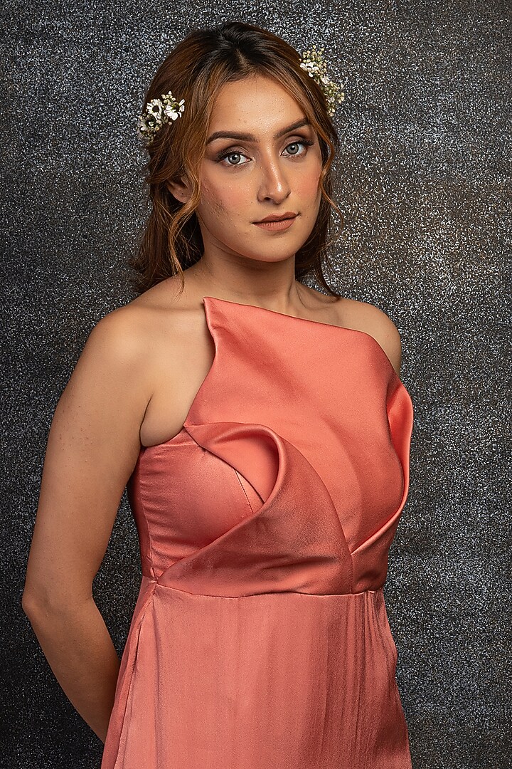 Peach Satin Georgette Gown by Shanaya Bajaj at Pernia's Pop Up Shop