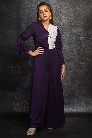Purple & White Crepe Jumpsuit by Shanaya Bajaj