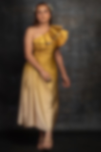 Yellow Satin Silk One Shoulder Dress by Shanaya Bajaj