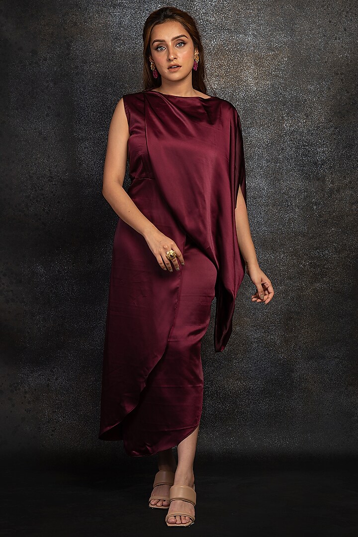 Magenta Satin Silk Cowl Dress by Shanaya Bajaj