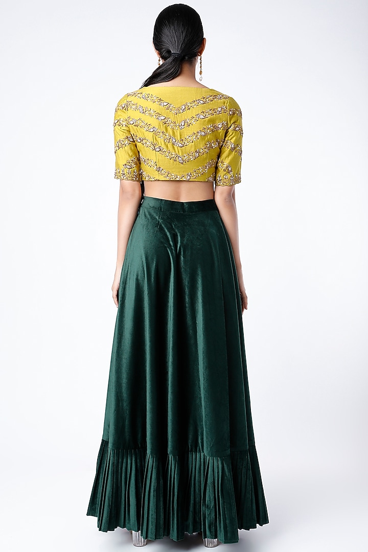 Bottle Green Suede Velvet Wedding Lehenga Set by Shanaya Bajaj at Pernia's Pop Up Shop
