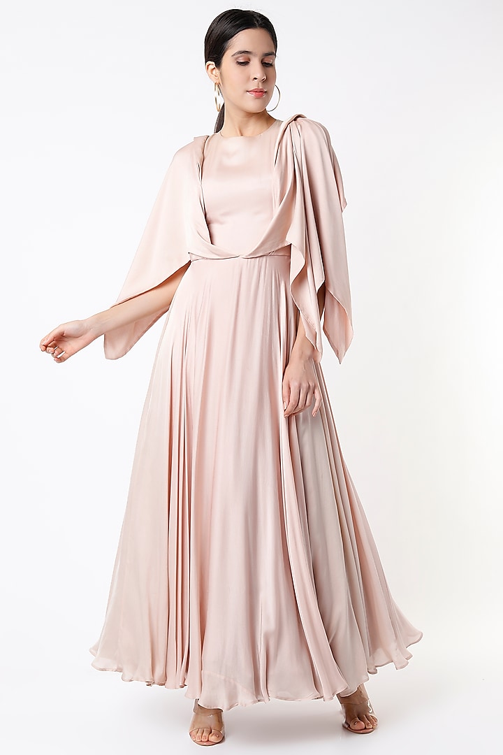 Rose Pink Silk Draped Shoulder Gown by Shanaya Bajaj