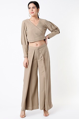 Beige Moss Crepe Co-Ord Set by Shanaya Bajaj