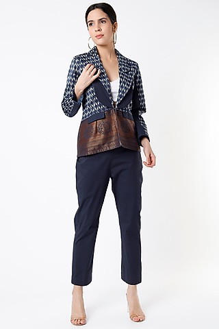 Navy Blue Silk Blazer Set by Shanaya Bajaj