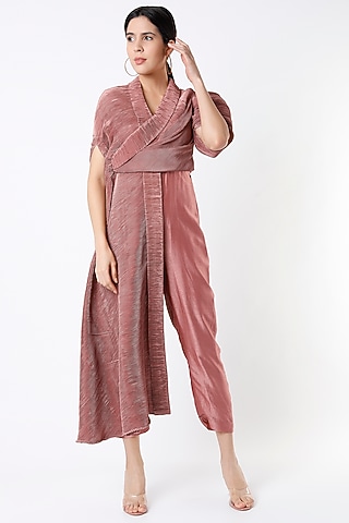 Blush Pink Crush Silk Jumpsuit with Cowl by Shanaya Bajaj