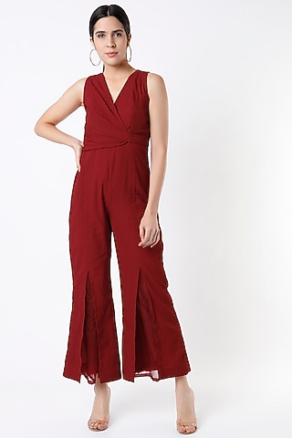 Blood Red Cotton Silk Jumpsuit by Shanaya Bajaj