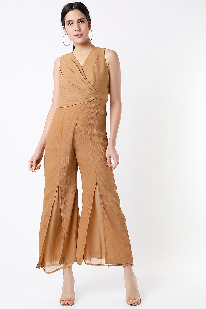 Beige Cotton Silk Jumpsuit by Shanaya Bajaj at Pernia's Pop Up Shop