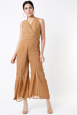 Beige Cotton Silk Jumpsuit by Shanaya Bajaj