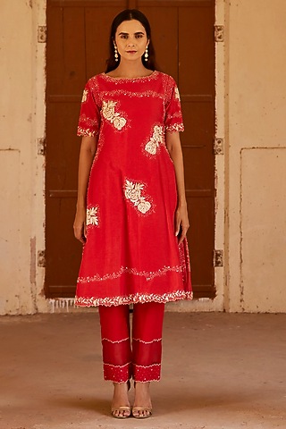 Red Cotton Silk French Knot Embroidered Kurta Set by Shay by Shubham Tak