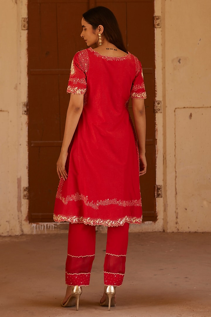 Red Cotton Silk French Knot Embroidered Kurta Set by Shay by Shubham Tak at Pernia's Pop Up Shop