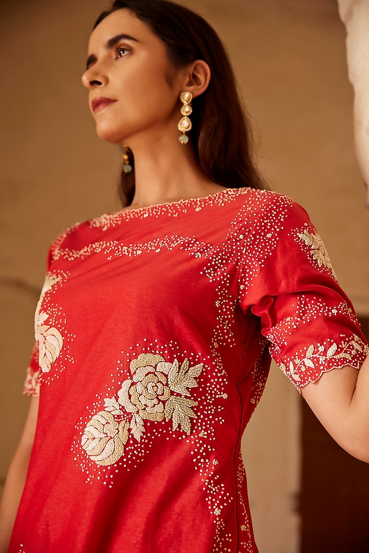 Red Cotton Silk French Knot Embroidered Kurta Set by Shay by Shubham Tak at Pernia's Pop Up Shop