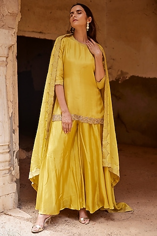 Yellow Silk Hand Embroidered Sharara Set by Shay by Shubham Tak