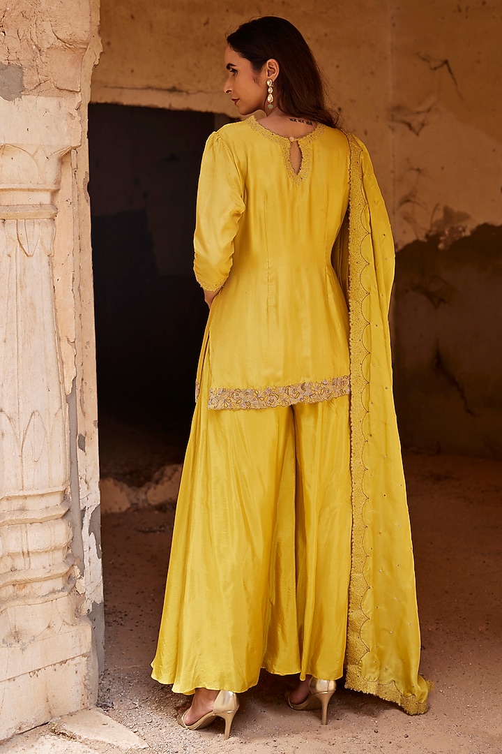 Yellow Silk Hand Embroidered Wedding Sharara Set by Shay by Shubham Tak at Pernia's Pop Up Shop
