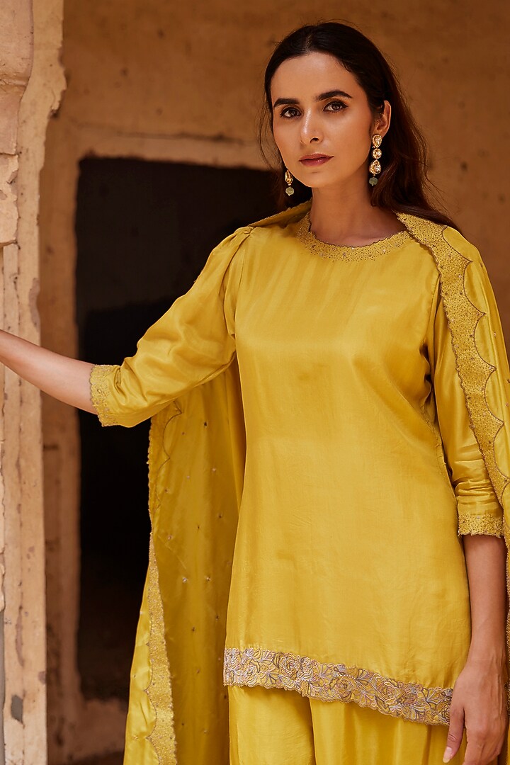 Yellow Silk Hand Embroidered Wedding Sharara Set by Shay by Shubham Tak at Pernia's Pop Up Shop