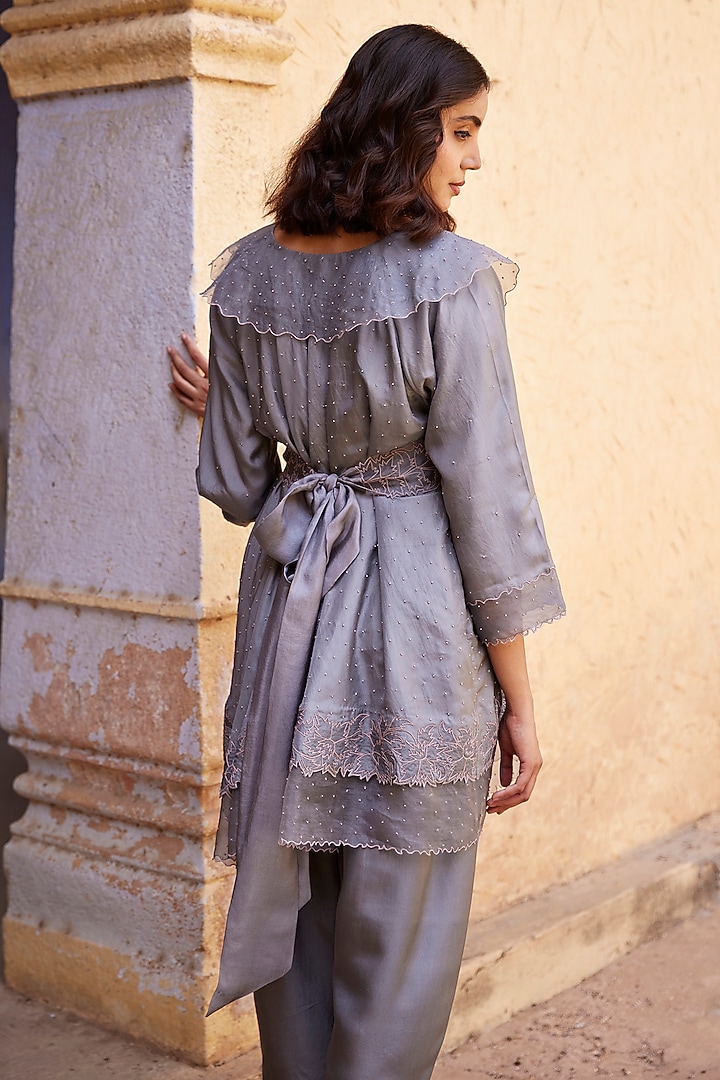 Grey Silk Twill & Organza Aari Embroidered Co-Ord Set by Shay by Shubham Tak at Pernia's Pop Up Shop