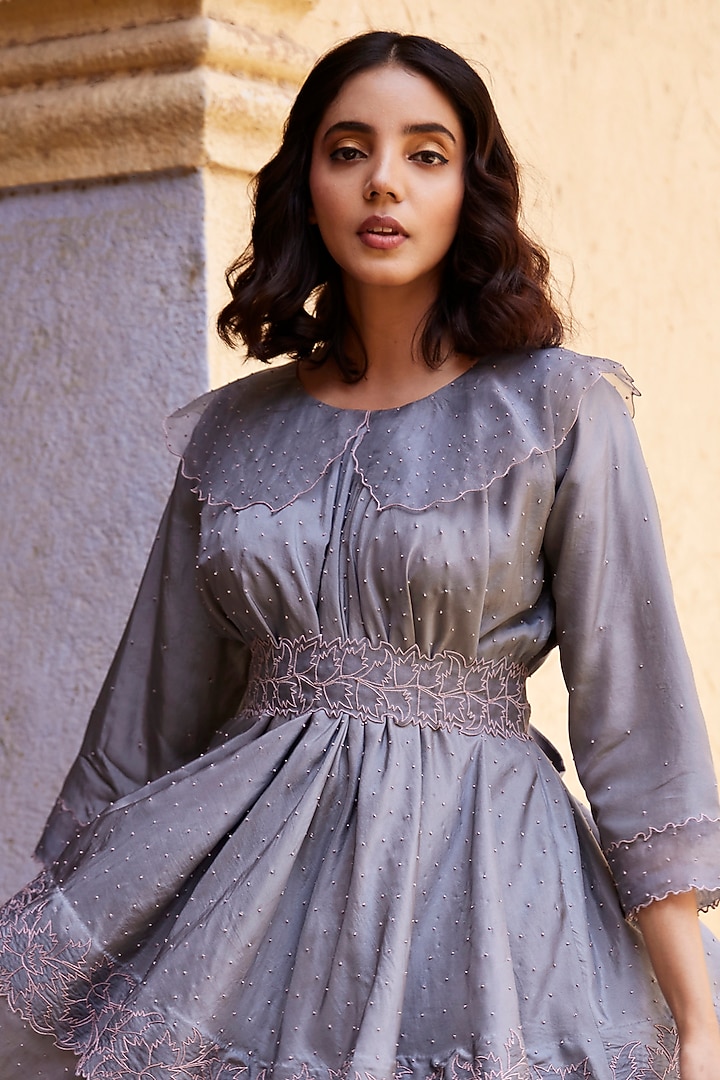 Grey Silk Twill & Organza Aari Embroidered Co-Ord Set by Shay by Shubham Tak at Pernia's Pop Up Shop