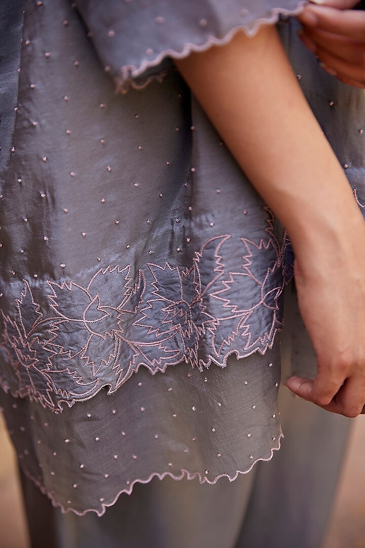 Grey Silk Twill & Organza Aari Embroidered Co-Ord Set by Shay by Shubham Tak at Pernia's Pop Up Shop