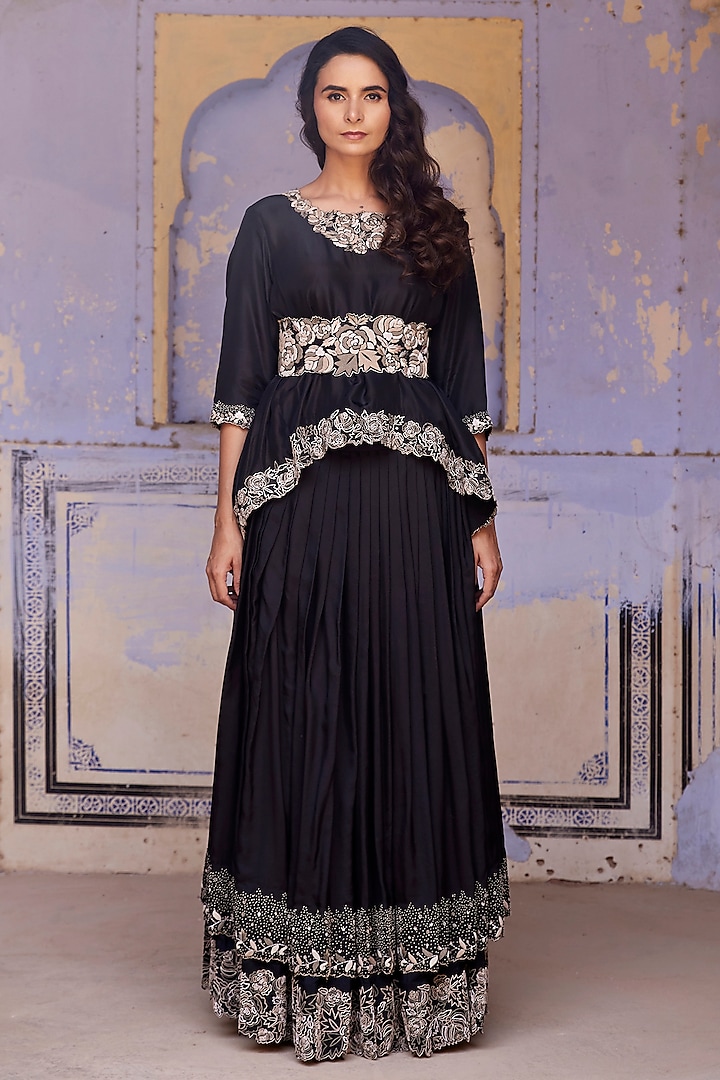 Black Silk Floral Embroidered Layered Lehenga Set by Shay by Shubham Tak