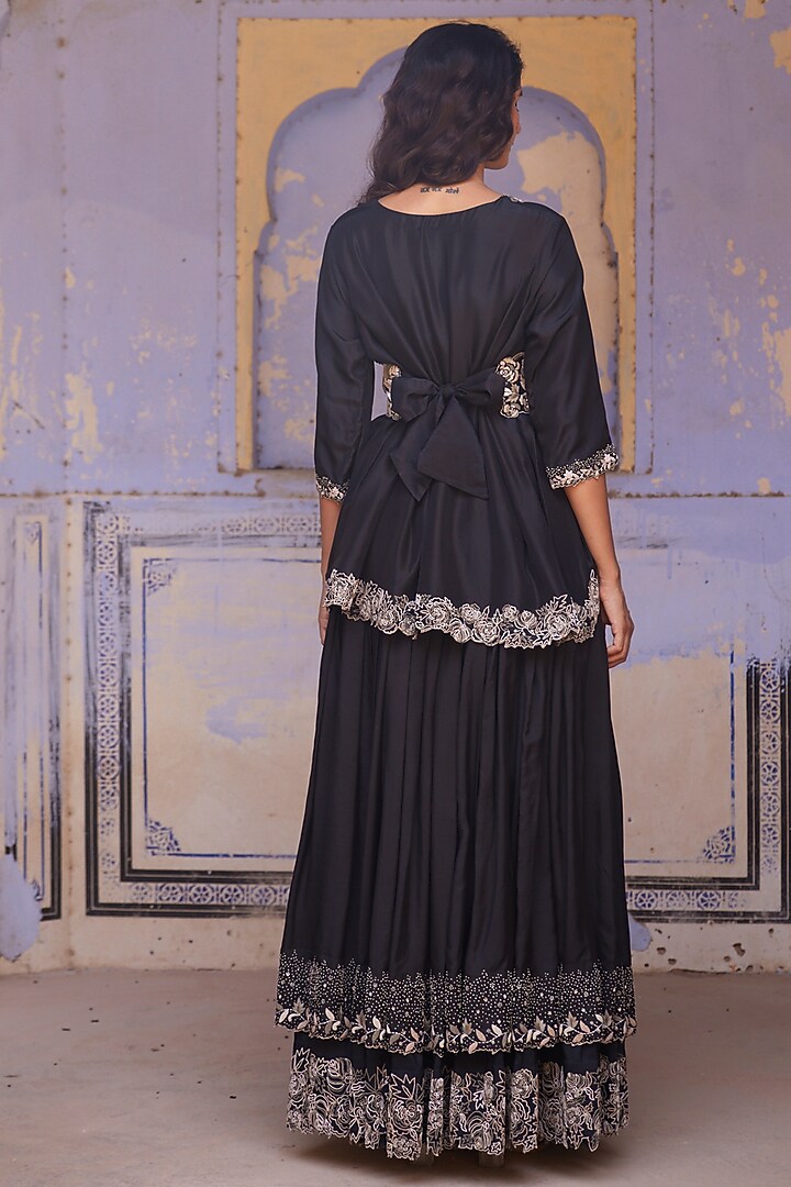 Black Silk Floral Embroidered Layered Bridal Lehenga Set by Shay by Shubham Tak at Pernia's Pop Up Shop