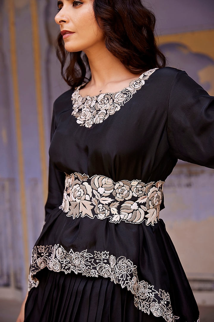 Black Silk Floral Embroidered Layered Bridal Lehenga Set by Shay by Shubham Tak at Pernia's Pop Up Shop