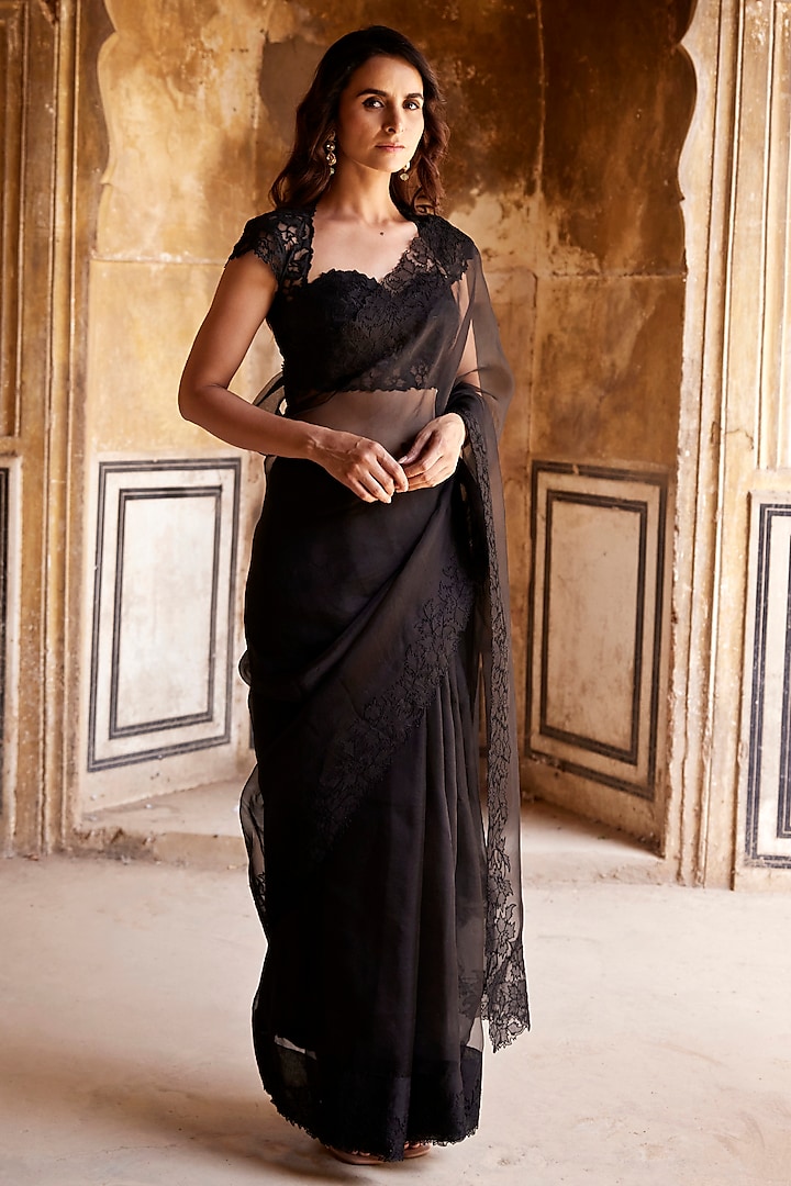 Black Silk Organza Applique Embroidered Saree Set by Shay by Shubham Tak