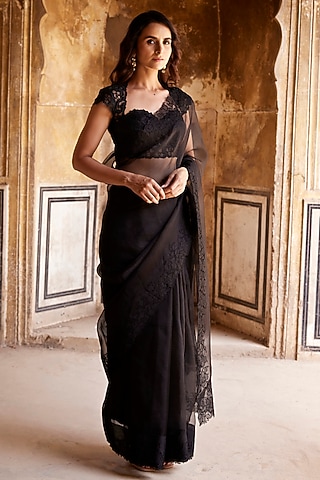 Black Silk Organza Applique Embroidered Saree Set by Shay by Shubham Tak