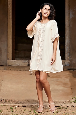 Beige Silk Habutai Floral Hand Embroidered Pleated Dress by Shay by Shubham Tak