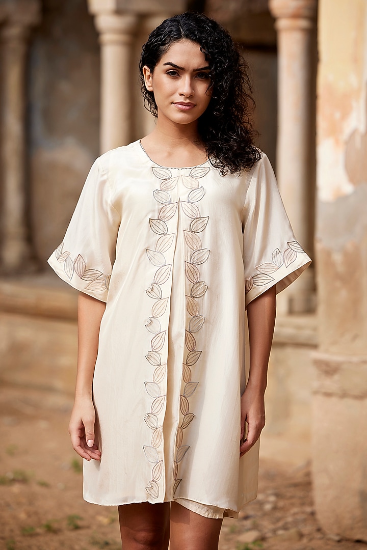 Beige Silk Habutai Floral Hand Embroidered Pleated Summer Dress by Shay by Shubham Tak at Pernia's Pop Up Shop